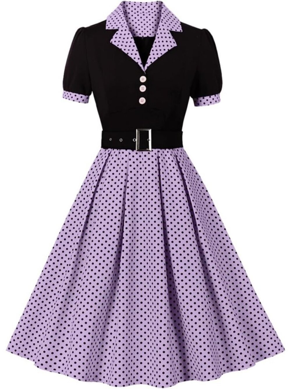 Women Vintage 1950s Retro Cocktail Party A Line Dress with Belt -Black +Purple